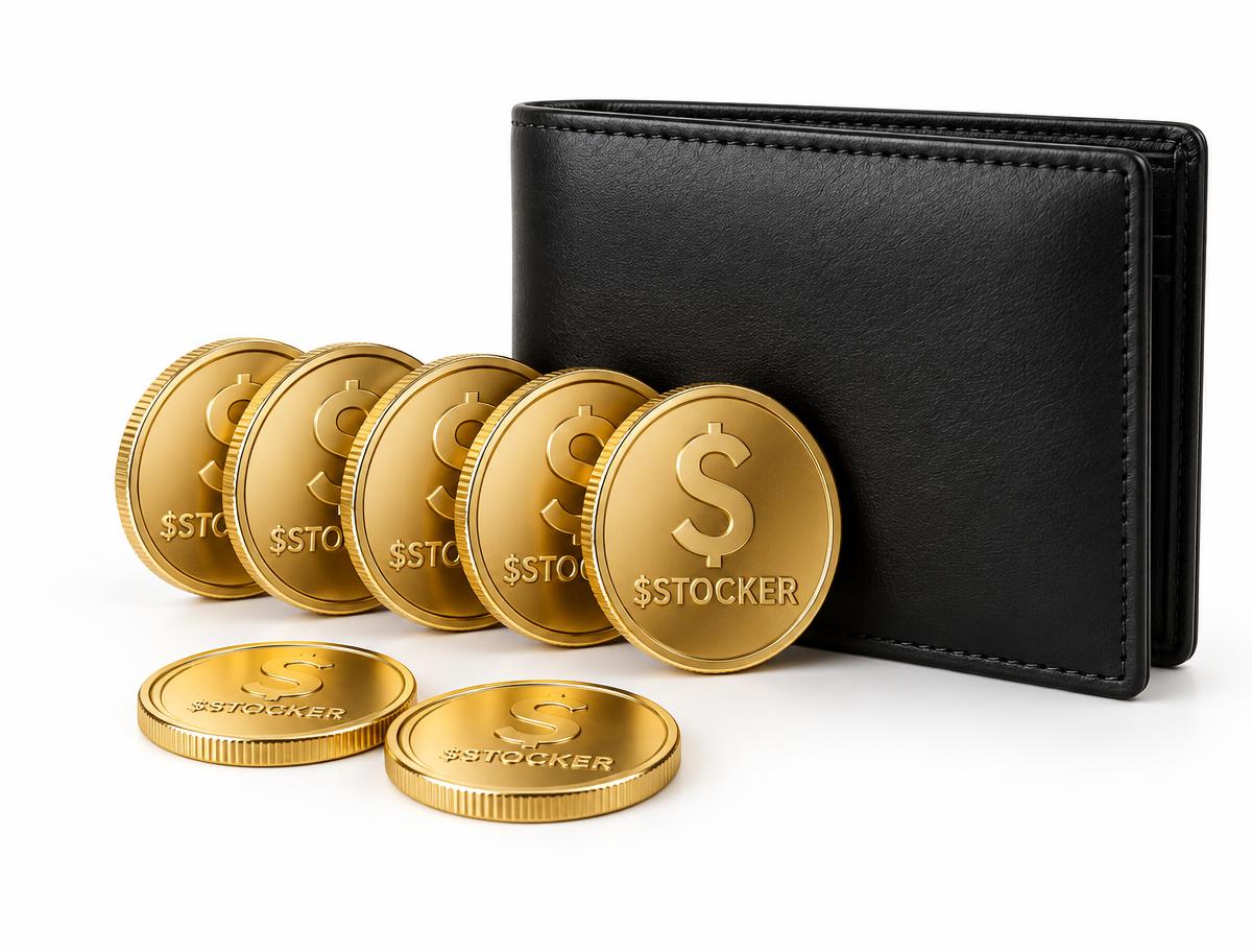 Gold Stocker branded coins beside a black wallet — conceptual holder rewards illustration